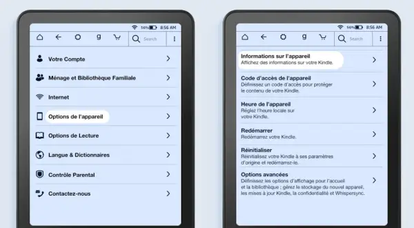 Paramètres d'une liseuse Kindle : options de l'appareil, code d'accès, heure, redémarrage, réinitialisation et options avancées.