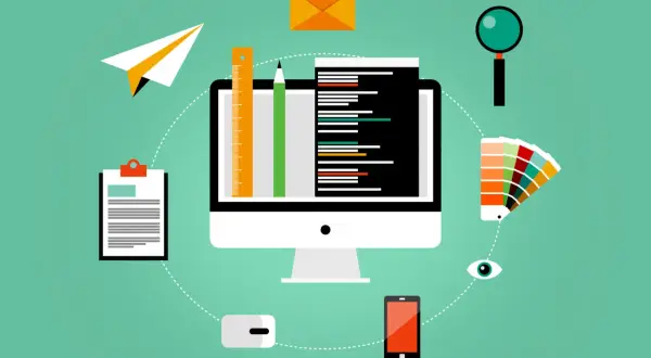 Un ordinateur affiche du code, entouré d'outils de création : règle, crayon, palette de couleurs, loupe, téléphone, et un avion en papier pour envoyer vos projets. Idéal pour ouvrir epub.