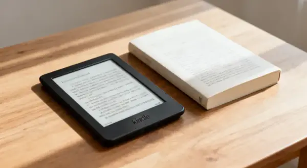 Une liseuse Kindle et un livre papier reposent sur une table en bois. Le choix entre le numérique et le papier pour une bonne lecture.
