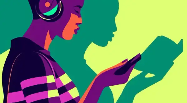 Une femme écoute le meilleur livre audio Spotify avec des écouteurs, son ombre lit un livre.