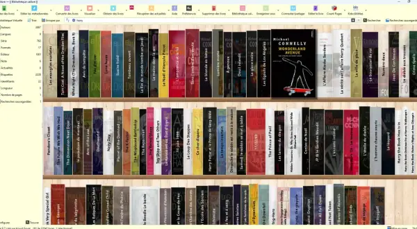 Une étagère remplie de livres numériques, organisés par titre. Le logiciel calibre ebook permet de gérer cette bibliothèque.