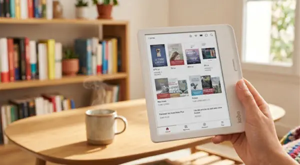 Une personne utilise une liseuse pour obtenir la version numérique d'un livre acheté, dans un salon cosy avec des livres et une tasse de café fumante.