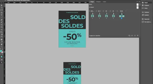 Interface InDesign affichant des planches pour un saut de page, avec des bannières promotionnelles "Soldes -50%".