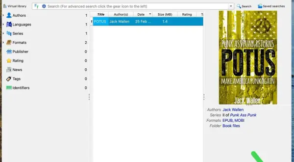 Bibliothèque Calibre affichant un livre "POTUS" de Jack Wallen, disponible en formats EPUB, MOBI, sans DRM.