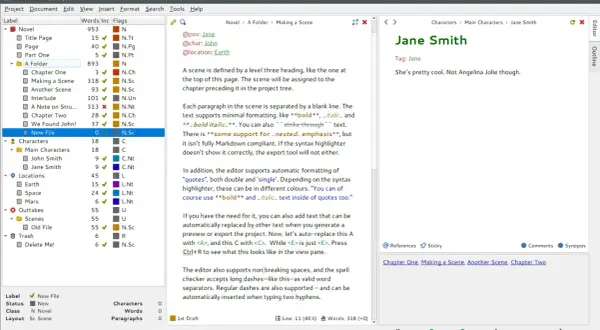 Interface de logiciel d'écriture pour roman, avec une arborescence de projet à gauche et un éditeur de texte à droite. Idéal pour écrire votre prochain roman, ce logiciel est comme un scrivener gratuit.
