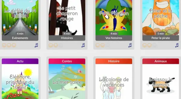 Des livres audio jeunesse à télécharger gratuitement : "Le défilé du 14 juillet", "Le petit chaperon rouge", "Petit Papillon", "Peter et la pêche", "Eléonore, princesse du soleil", "La mer salée", "La colonie de vacances", "Smissou le Siamois".