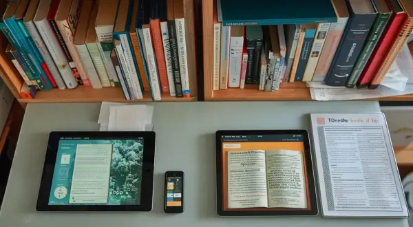 Des livres sur une étagère, une tablette affichant un livre numérique et un smartphone. Qu'est-ce que le format Kindle pour un livre ? C'est un livre électronique.