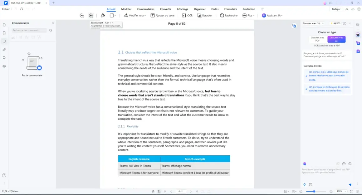 Un ebook ouvert dans un logiciel PDF, affichant des conseils de traduction pour le "Microsoft voice".