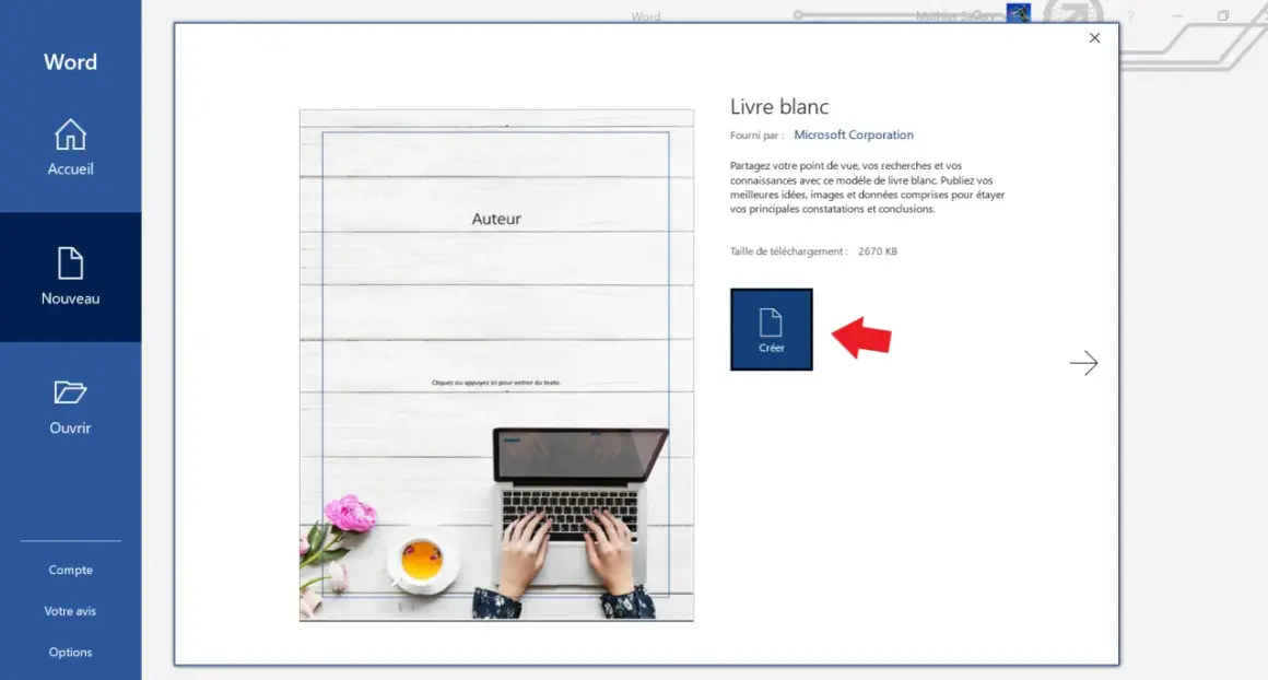 Interface Word pour créer un ebook. Un modèle de "Livre blanc" est sélectionné, prêt à être personnalisé.