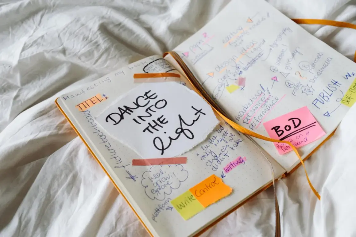 Un carnet ouvert avec des notes manuscrites sur la création d'un livre, comme "DANCE INTO THE LIGHT". On y voit des idées de titres, de marketing, et la question "a quoi sert un pseudo" est implicite dans la planification.