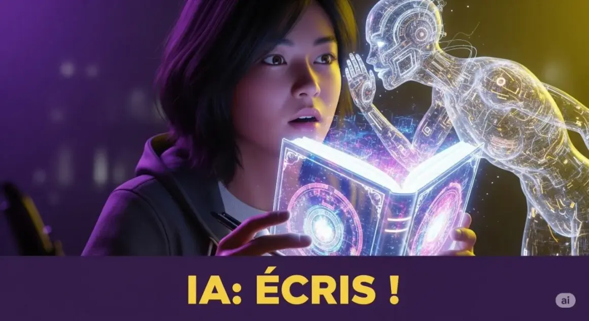 Une jeune femme découvre un livre lumineux, guidée par une IA. Ce logiciel d'écriture de livre transforme l'imagination en réalité.