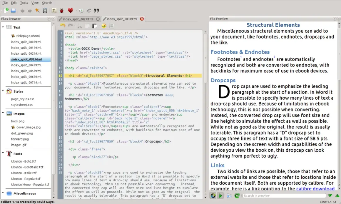 Interface de Calibre pour éditer un EPUB, montrant le code HTML et un aperçu du texte avec des éléments structurels comme les notes de bas de page et les dropcaps.
