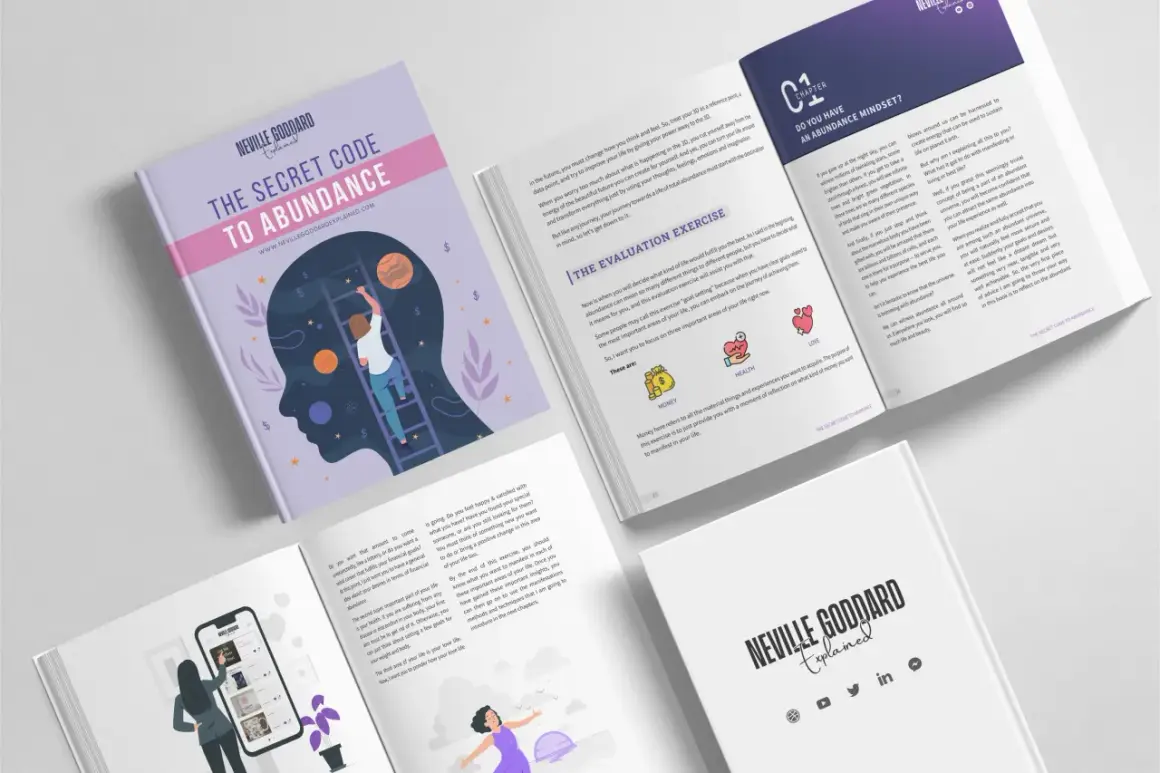 Un livre InDesign sur le code secret de l'abondance de Neville Goddard. Une femme grimpe une échelle vers la tête d'une silhouette.