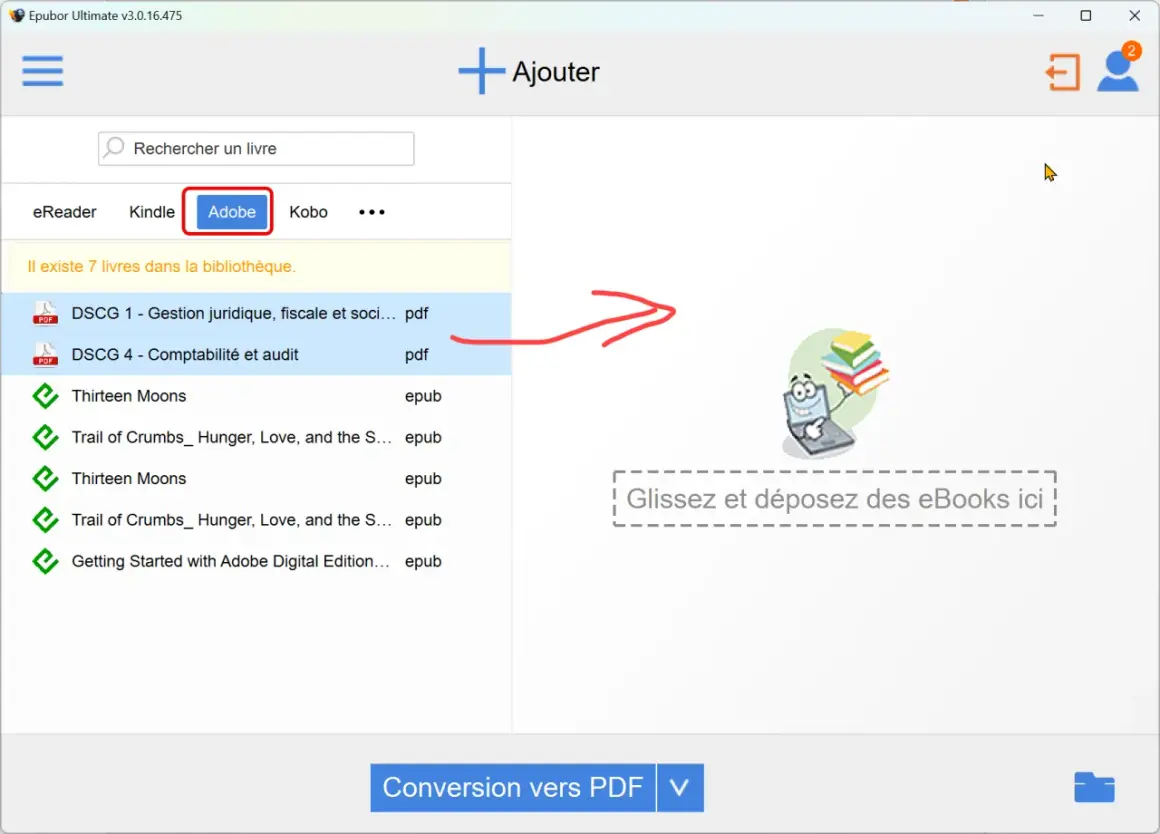 Interface d'Epubor Ultimate, onglet Adobe sélectionné, montrant des livres et une invitation à glisser-déposer, suggérant la gestion des livres avec Adobe DRM.