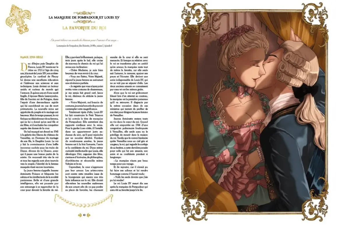 Le roi Louis XV embrasse sa favorite, la marquise de Pompadour, dans une scène qui évoque la meilleure histoire d'amour de la cour.