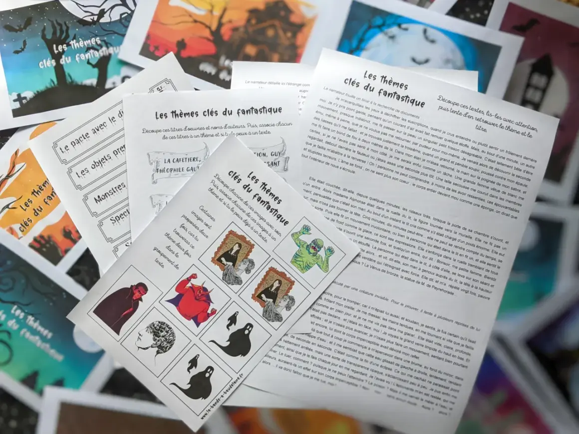 Des cartes thématiques sur le genre fantastique, avec des illustrations de monstres, de vampires et de fantômes.