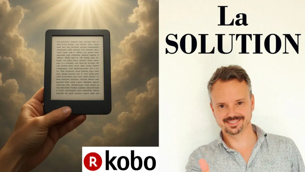 Main Kobo e-reader dans un ciel nuageux, avec le texte "La SOLUTION" et un homme souriant. Mise à jour Kobo.