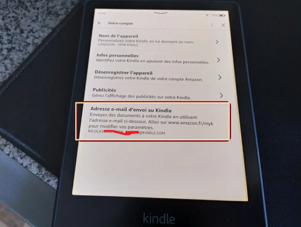 Adresse e-mail pour ajouter livre Kindle. Permet d'envoyer des documents à votre appareil.