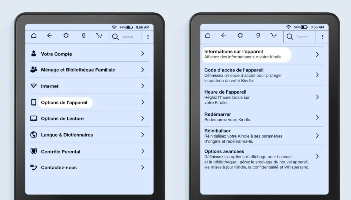 Paramètres d'une liseuse Kindle : options de l'appareil, code d'accès, heure, redémarrage, réinitialisation et options avancées.