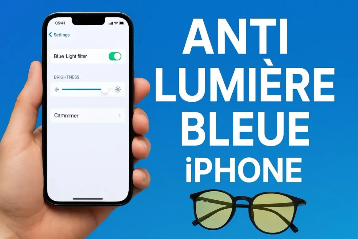 Une main tient un iPhone affichant le filtre anti lumière bleue activé. Des lunettes jaunes sont posées à côté.