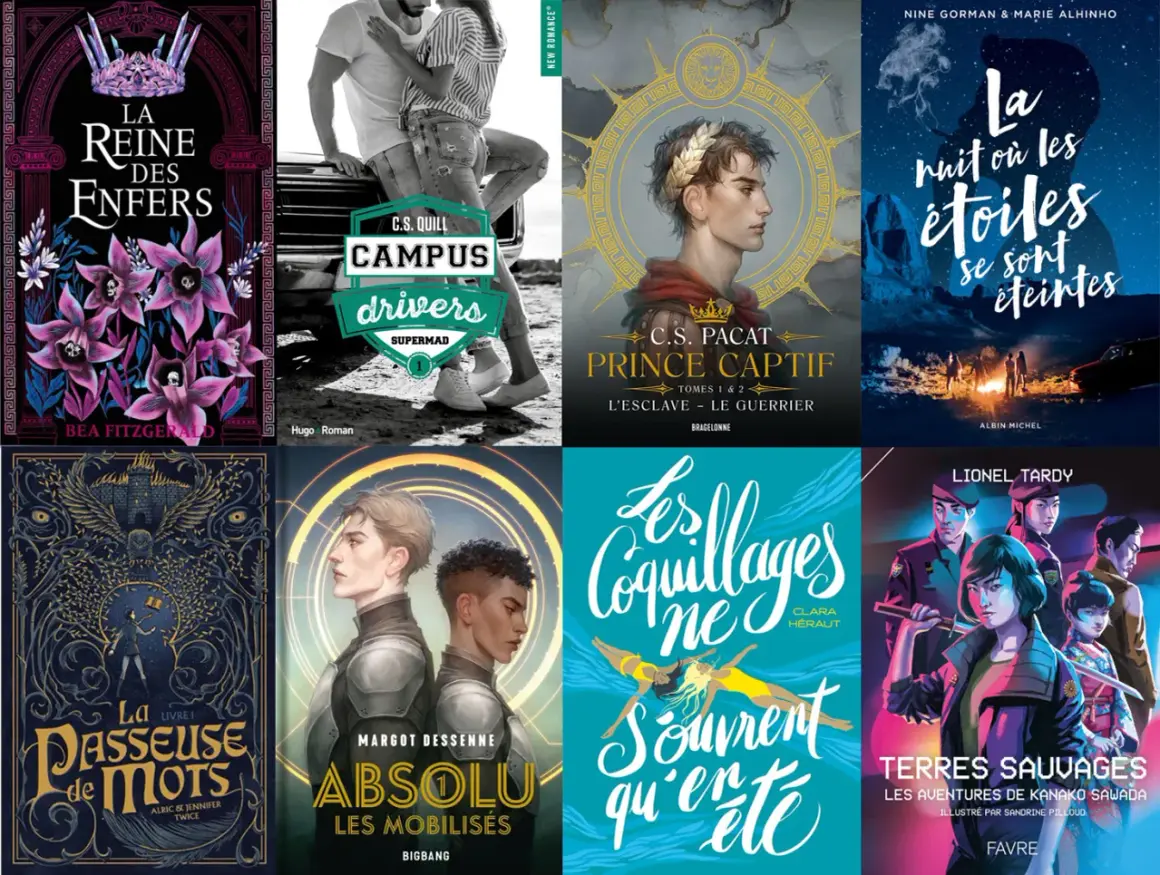 Affiche de livres de littérature young adult : "La Reine des Enfers", "Campus Drivers", "Prince Captif", "La nuit où les étoiles se sont éteintes", "La Passeuse de mots", "Absolu", "Les Coquillages ne s'ouvrent qu'en été", "Terres Sauvages".