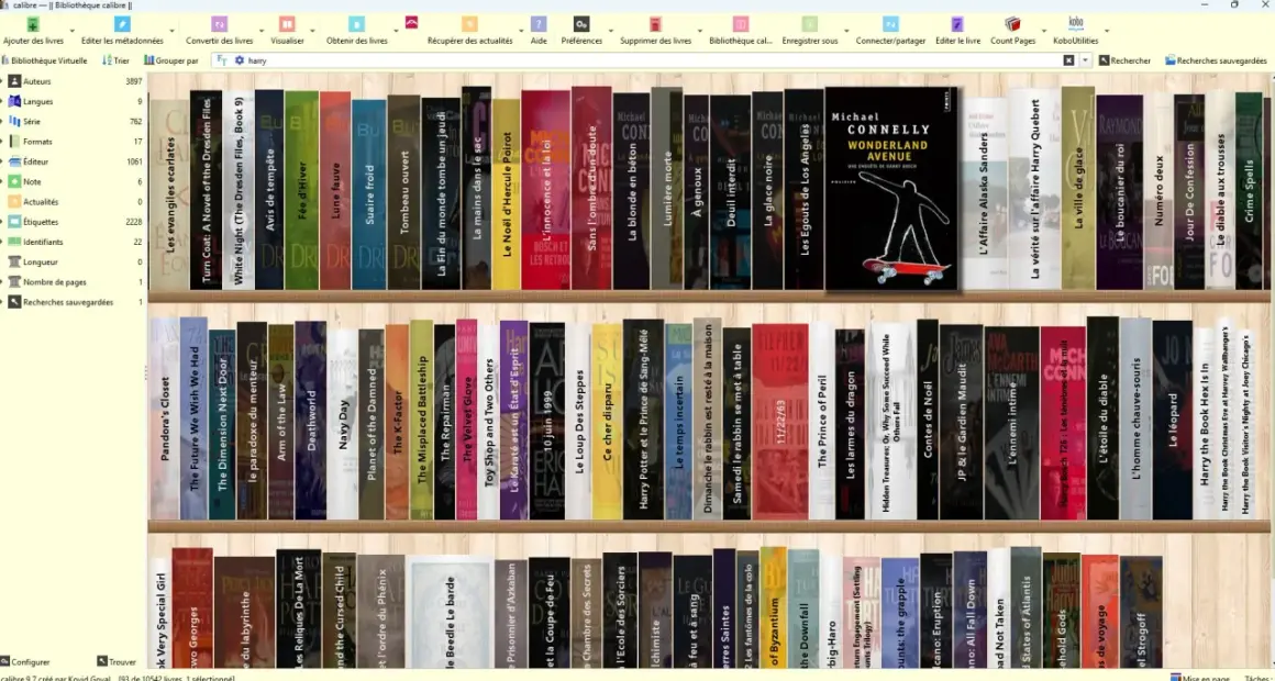 Une étagère remplie de livres numériques, organisés par titre. Le logiciel calibre ebook permet de gérer cette bibliothèque.