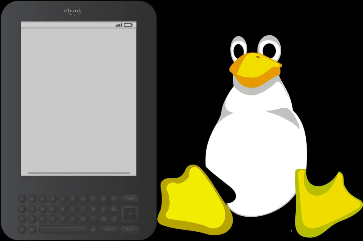 Un e-reader avec un clavier ressemble à un Tux, le pingouin de Linux, prêt à lire.