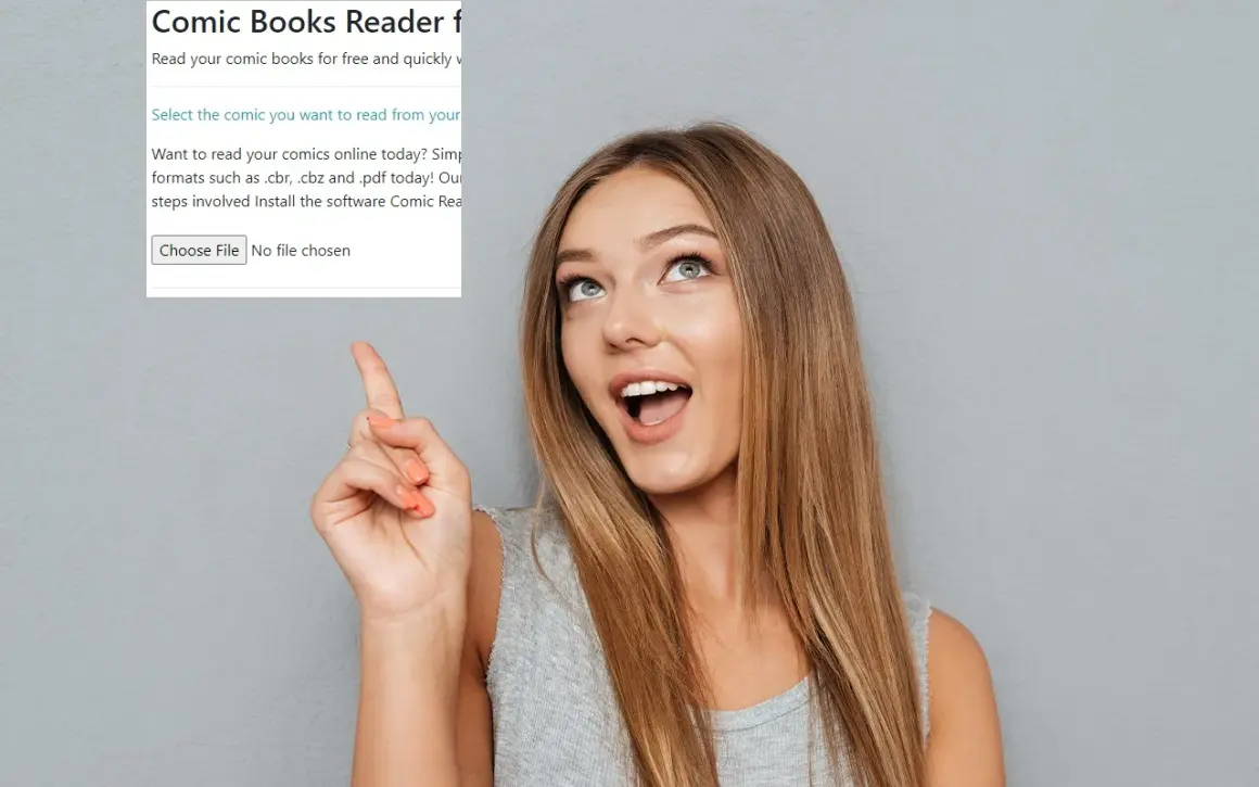 Une jeune femme pointe vers une fenêtre de téléchargement de fichiers pour lire des bandes dessinées en format cbr.
