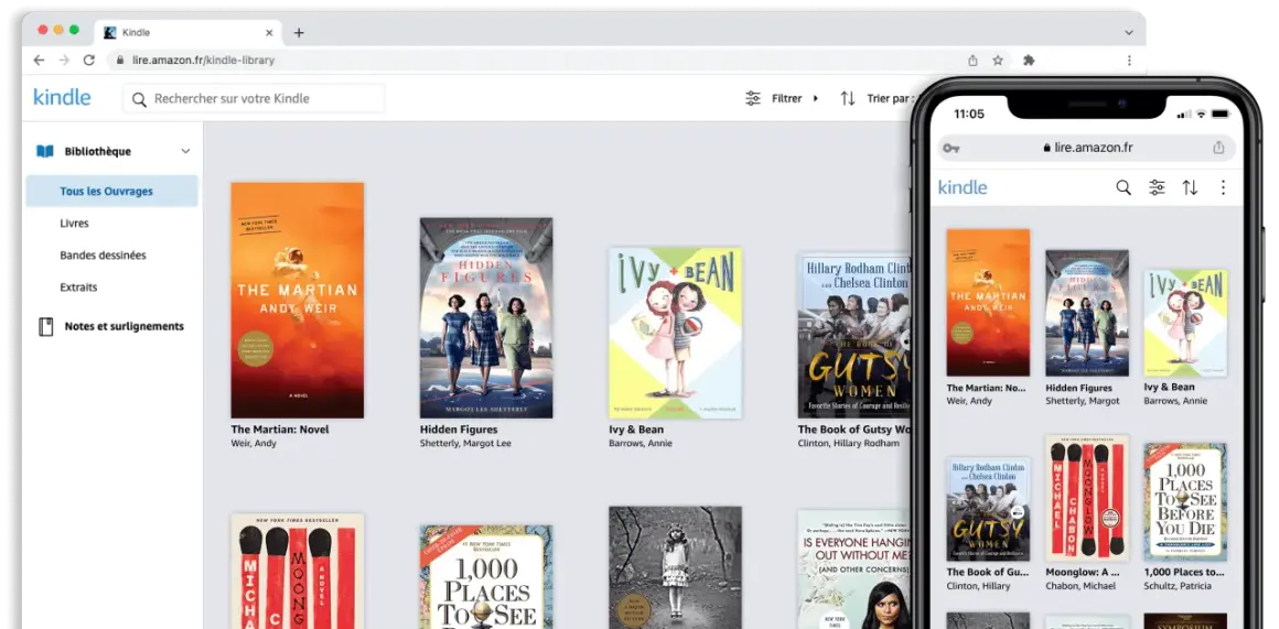 La bibliothèque Kindle affiche des livres, dont "The Martian". C'est la meilleure application pour lire des livres gratuitement.