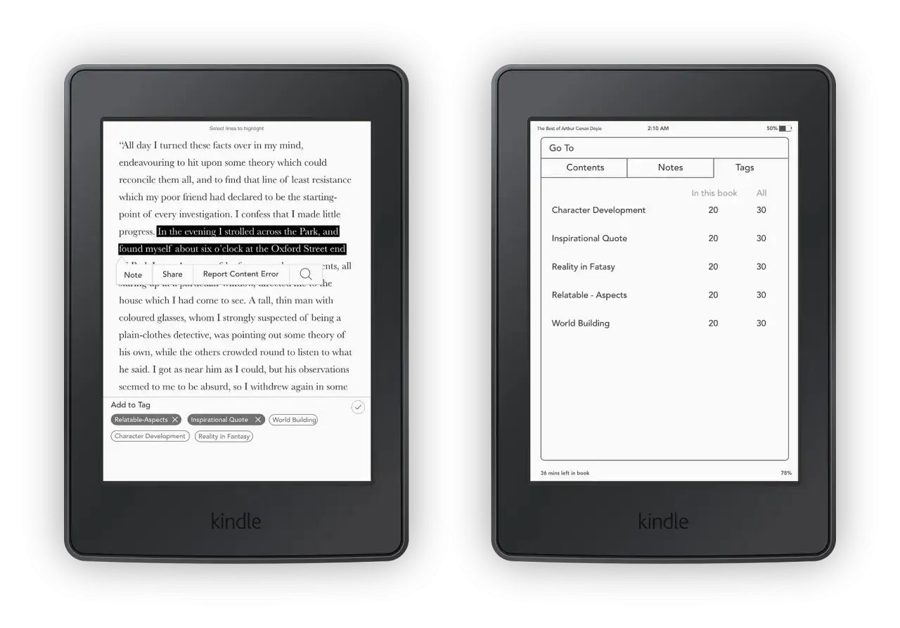 Liseuse Kobo affichant un livre avec des notes et des tags, dont