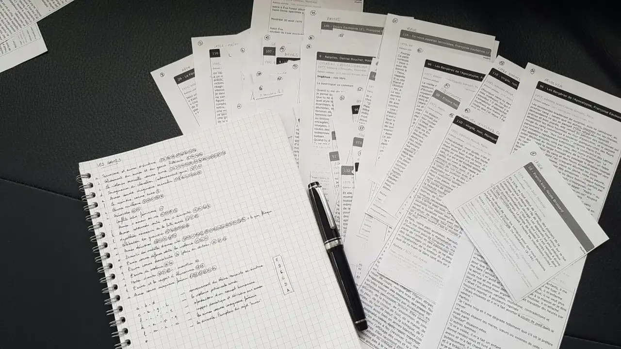 Un cahier de notes avec une liste de mots-cl&eacute;s sur le th&egrave;me des armes, &agrave; c&ocirc;t&eacute; de plusieurs documents imprim&eacute;s. Le synopsis def. est en cours de r&eacute;daction.