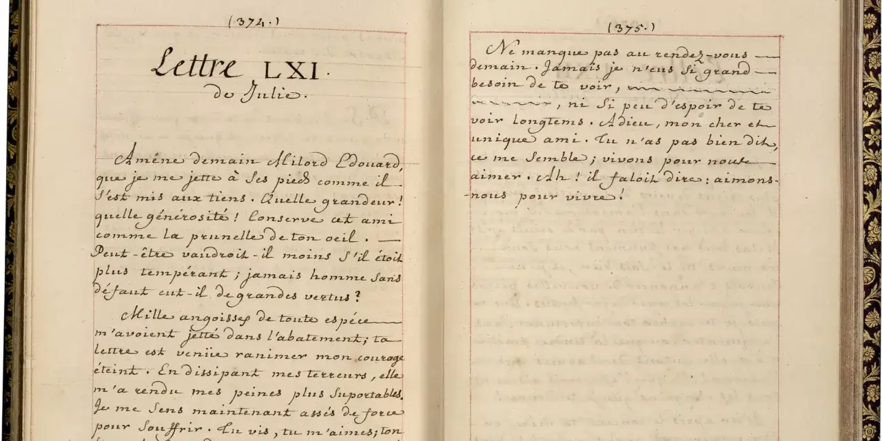 Lettre LXI de Julie, un exemple de roman épistolaire, exprime des sentiments profonds. La page de droite contient une autre lettre, également un roman épistolaire, où l'on peut lire