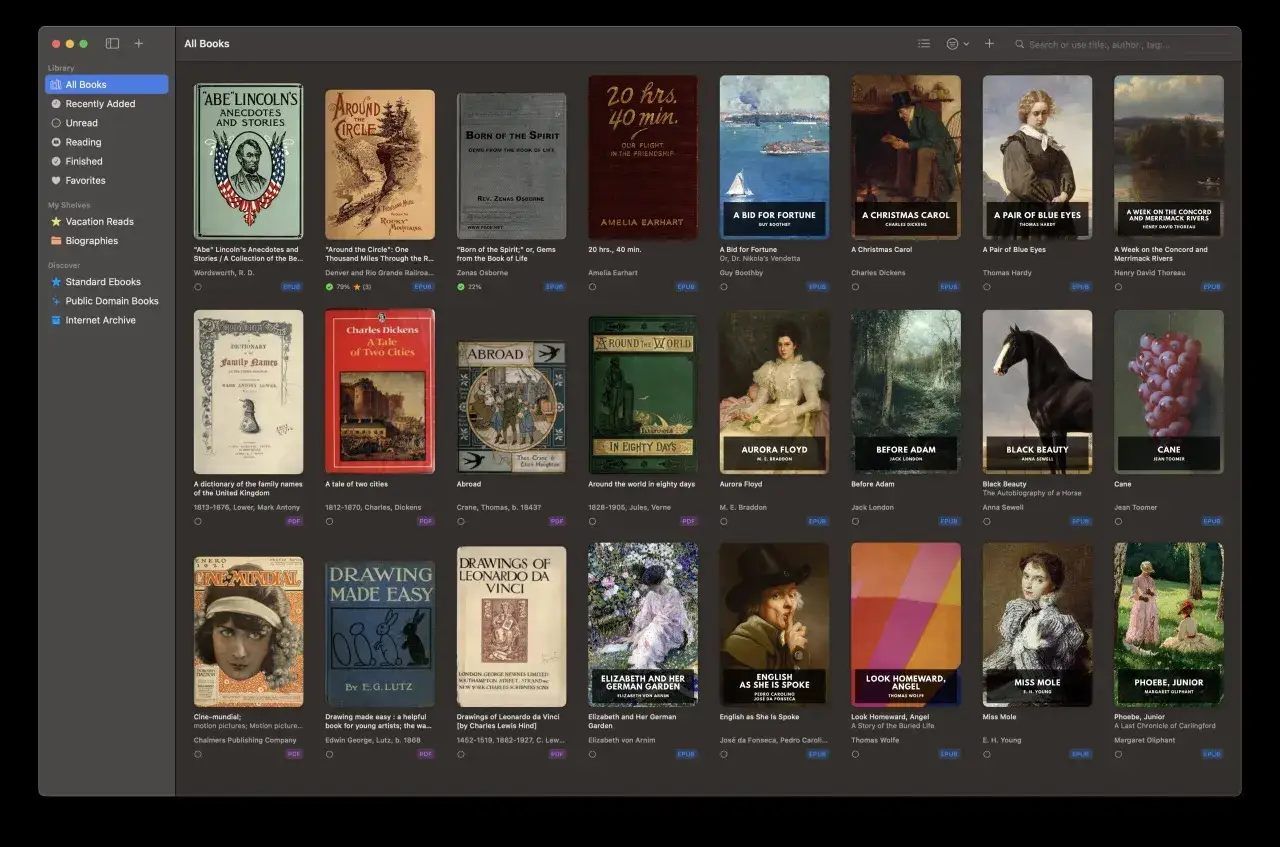 Biblioth&egrave;que affichant des livres en format EPUB, dont 