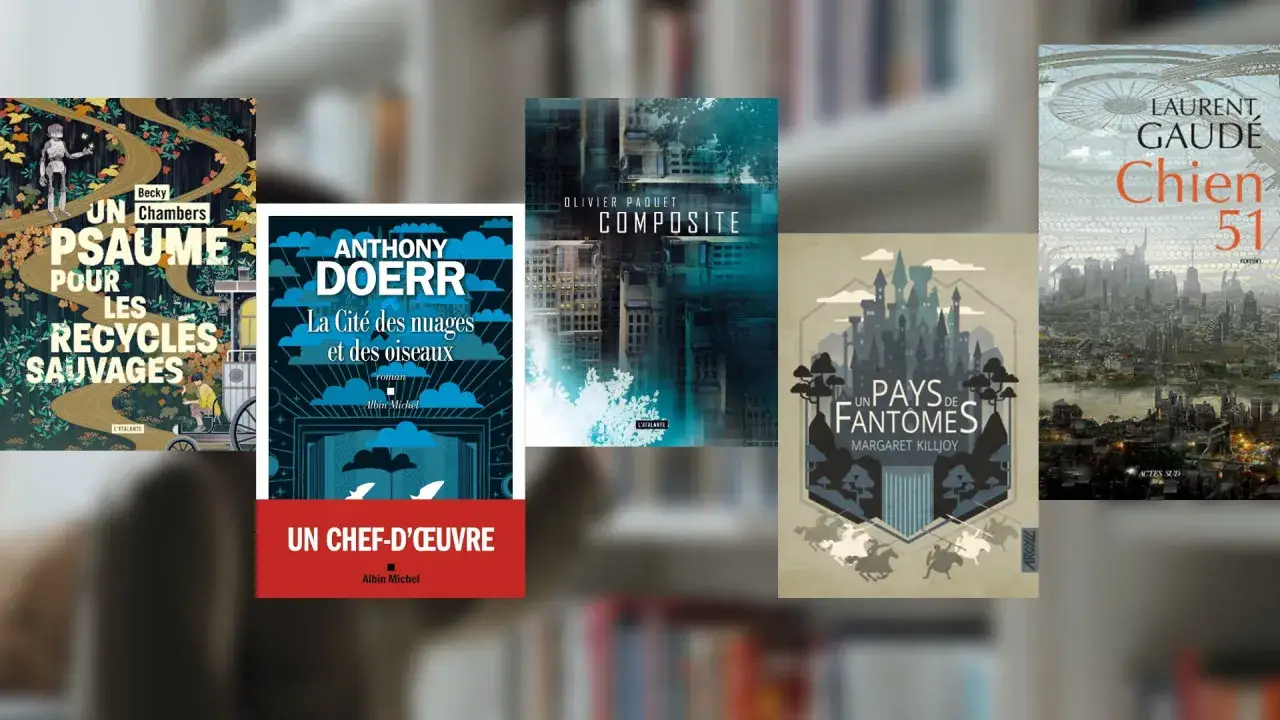 Cinq couvertures de livres de science-fiction, dont 