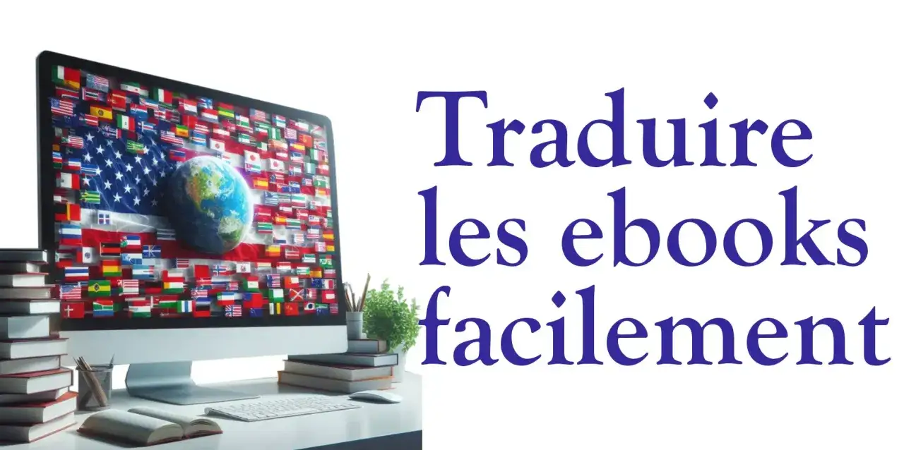Traduire les ebooks facilement : un ordinateur affiche des drapeaux du monde entier, symbolisant la traduction globale.