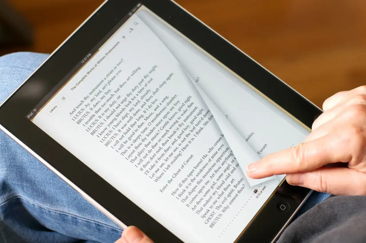 Une personne lit un livre sur son ordinateur, tournant une page virtuelle.