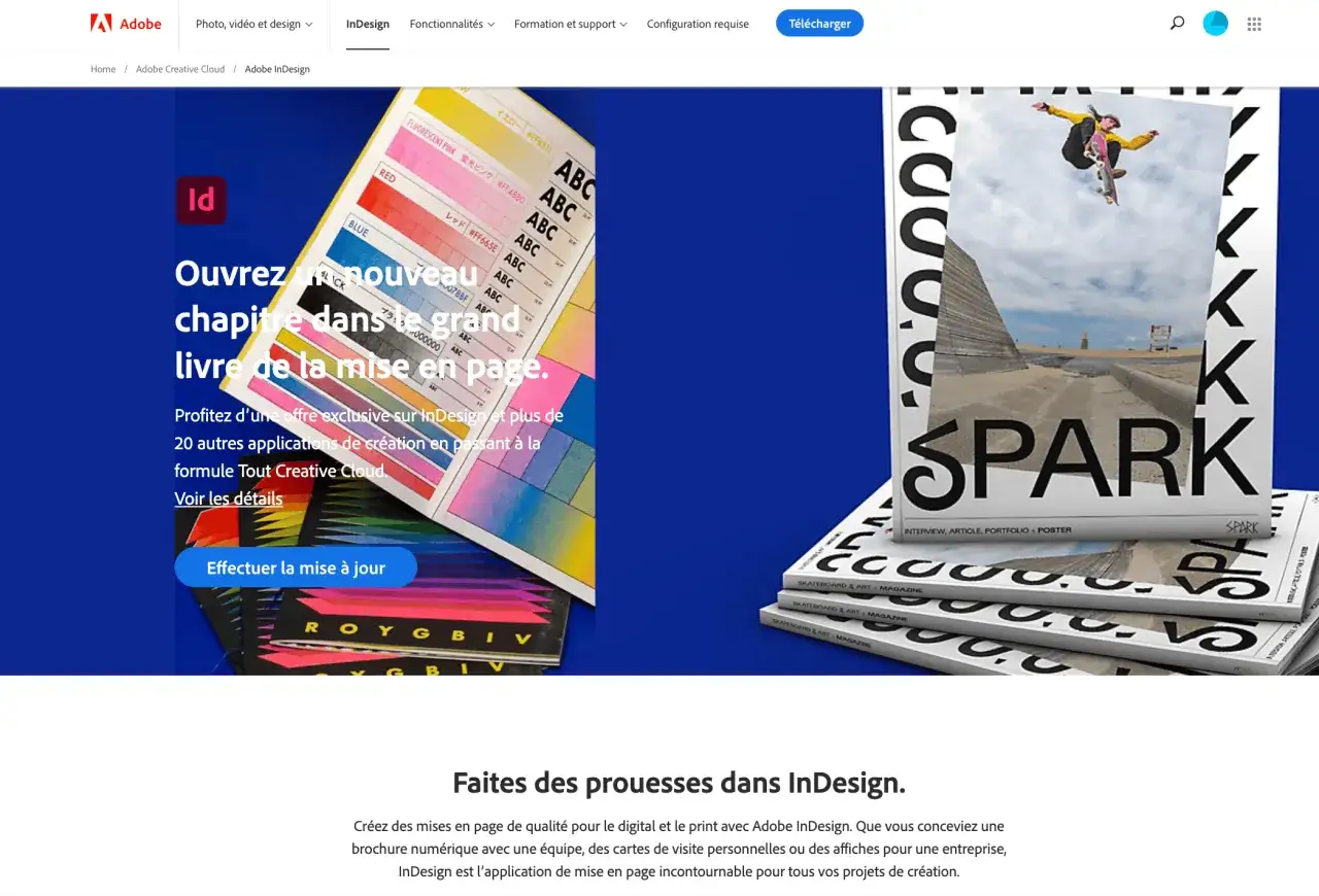 Adobe InDesign, l'application pour créer un livre gratuit, est mise en avant avec des nuanciers et des magazines.