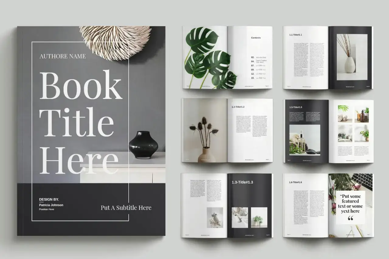 Maquette de livre InDesign avec couverture sobre et pages intérieures élégantes, présentant des textes et des images.