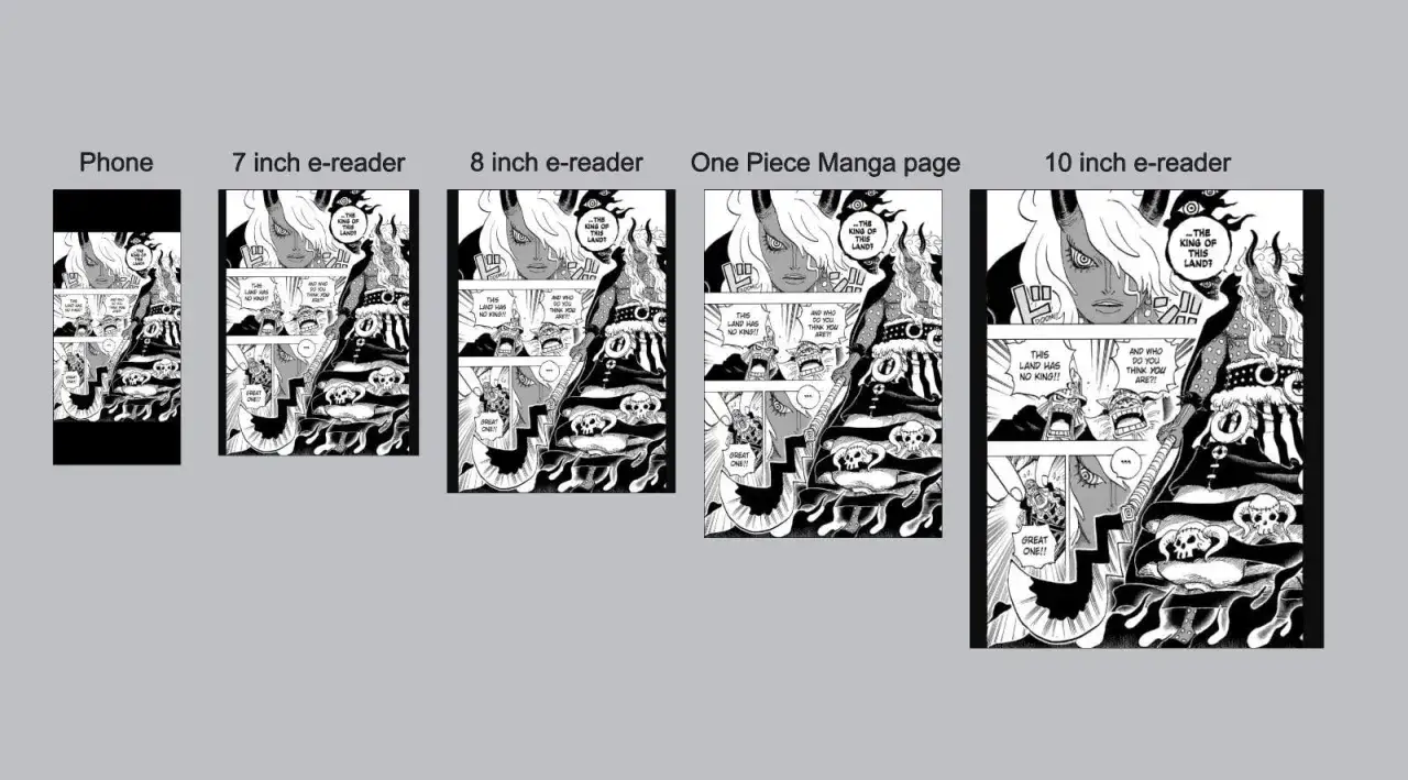 Comparaison de pages de manga One Piece sur diff&eacute;rents &eacute;crans, du t&eacute;l&eacute;phone &agrave; la liseuse 10 pouces.