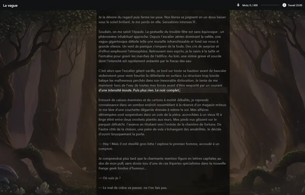 Interface de lecture de roman interactif, une alternative à Scrivener, avec un fond forestier sombre et du texte narratif.