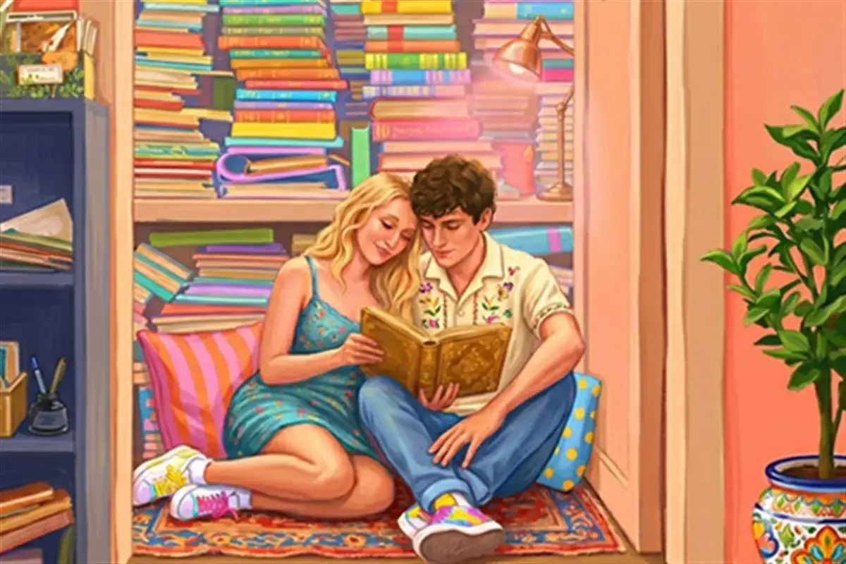 Un couple partage un livre, blotti parmi les &eacute;tag&egrave;res remplies de livres. Une sc&egrave;ne douce qui &eacute;voque un petit roman d'amour.