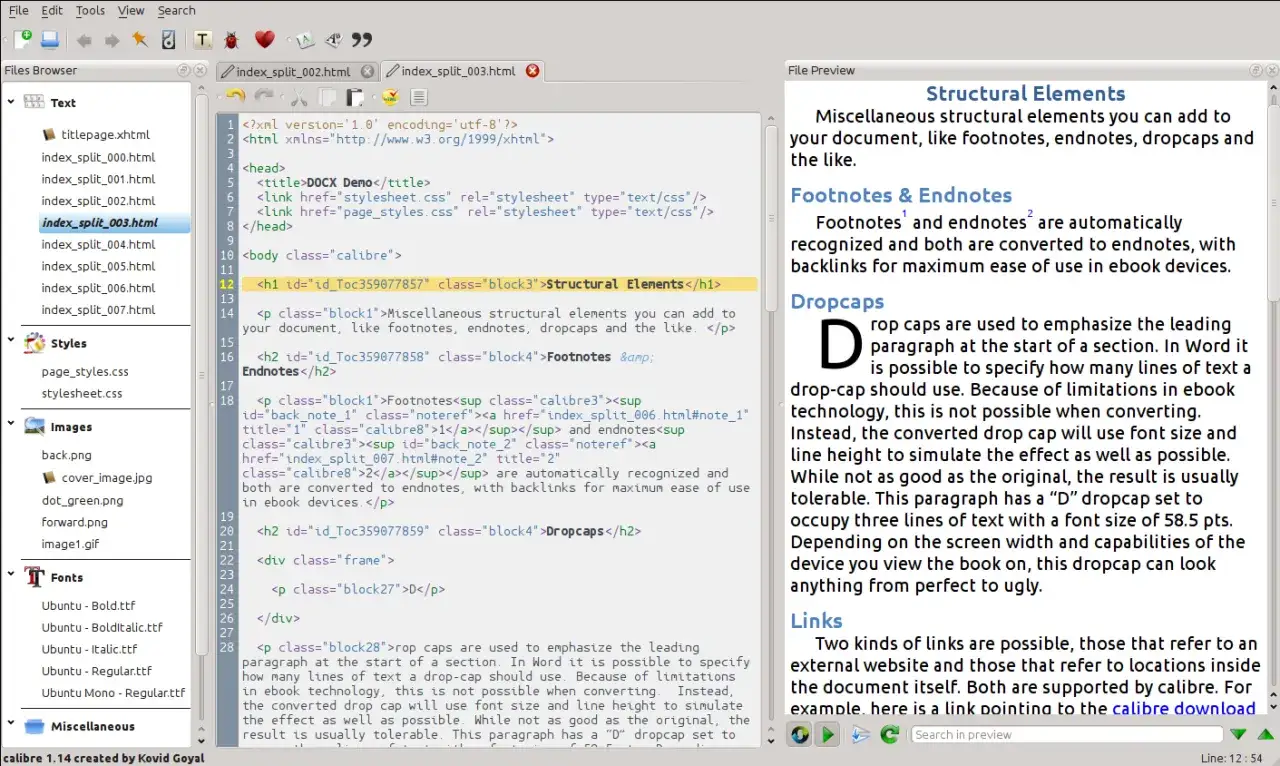 Interface de Calibre, un lecteur epub sous Ubuntu, montrant le code HTML et l'aperçu du texte.