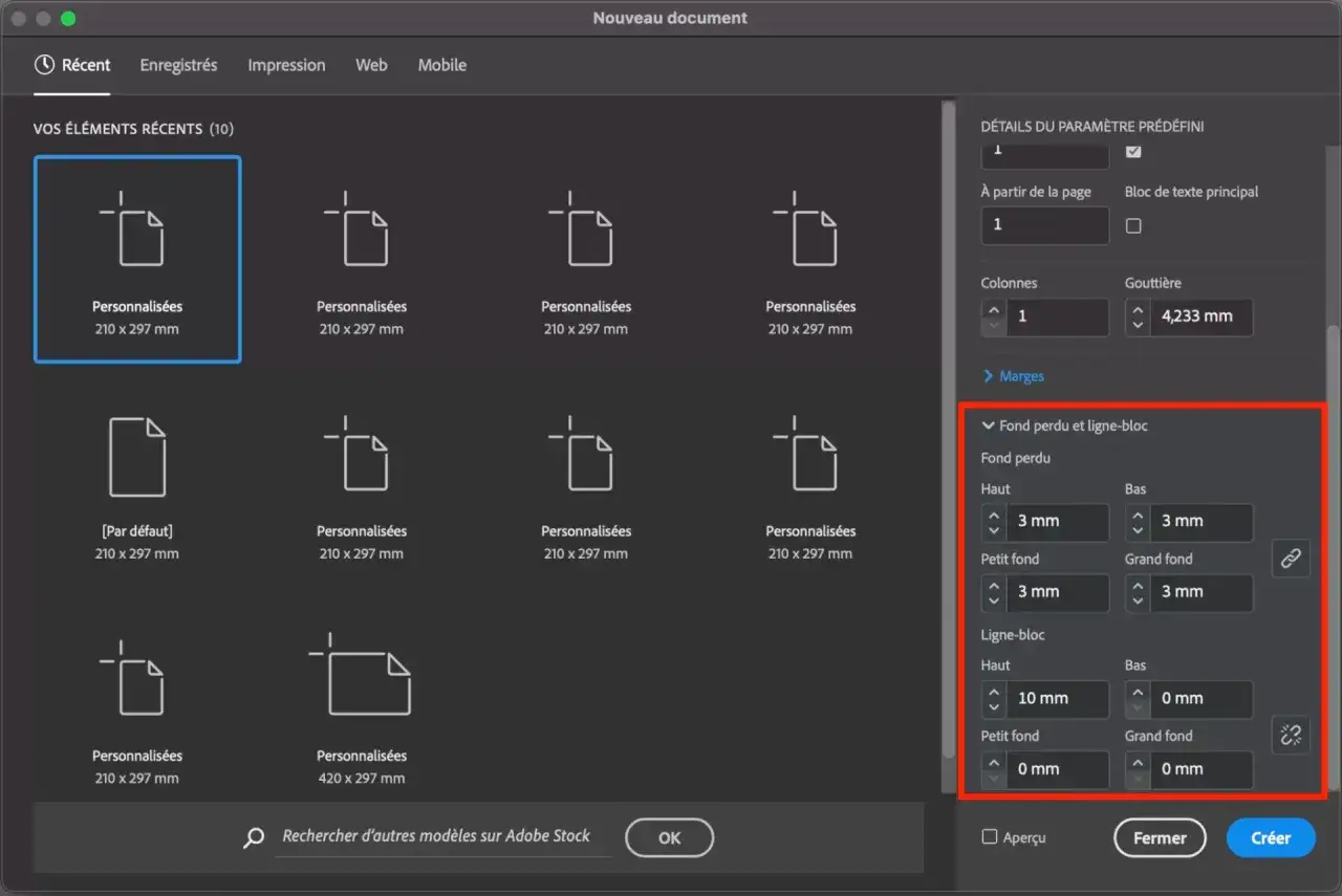 Fen&ecirc;tre de cr&eacute;ation de document InDesign. R&eacute;glages de fond perdu et de ligne-bloc avec valeurs en mm.