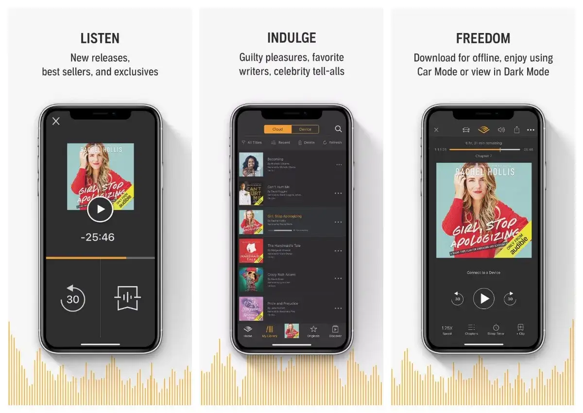 Trois &eacute;crans de smartphone montrant l'interface d'une application pour enregistrer un livre audio. On y voit la lecture, la biblioth&egrave;que et les options de t&eacute;l&eacute;chargement.