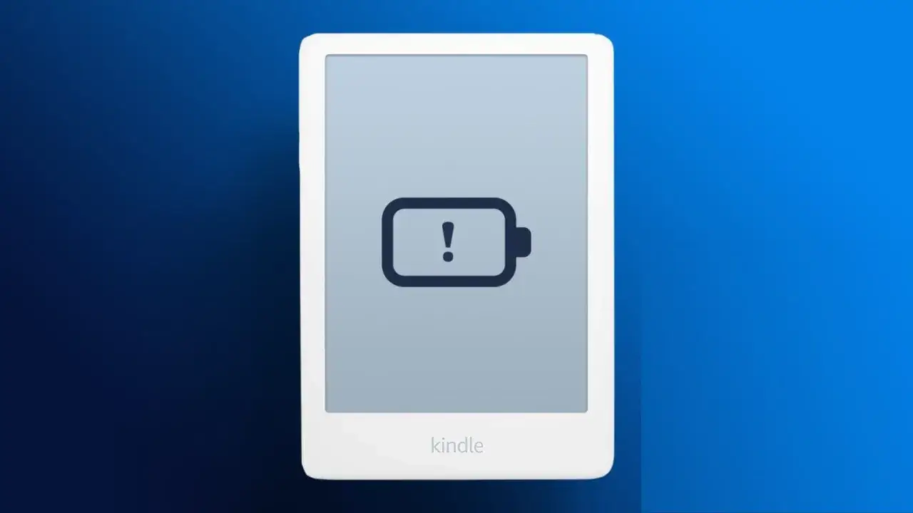 Mon Kindle ne charge plus. L'&eacute;cran affiche une ic&ocirc;ne de batterie vide avec un point d'exclamation, signalant un probl&egrave;me de batterie.