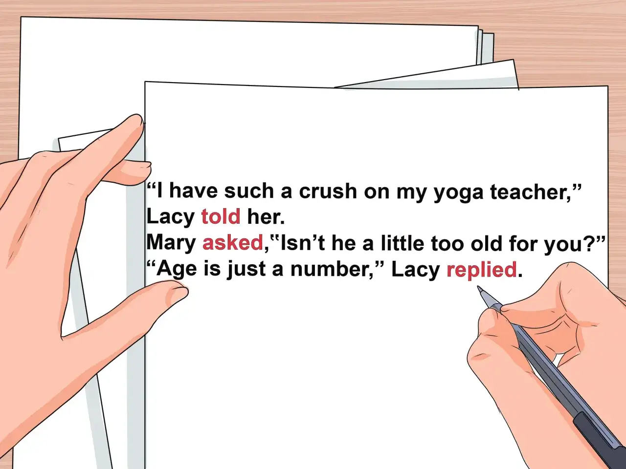 Exemple de ponctuation de dialogue : Lacy avoue son b&eacute;guin pour son prof de yoga, Mary s'interroge sur l'&acirc;ge.