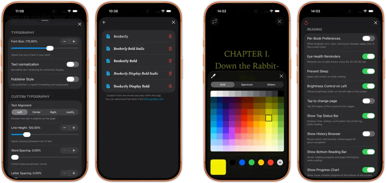 Param&egrave;tres de lecture sur iPhone : personnalisation de la typographie, des polices (epub) et des couleurs pour une exp&eacute;rience de lecture optimale.