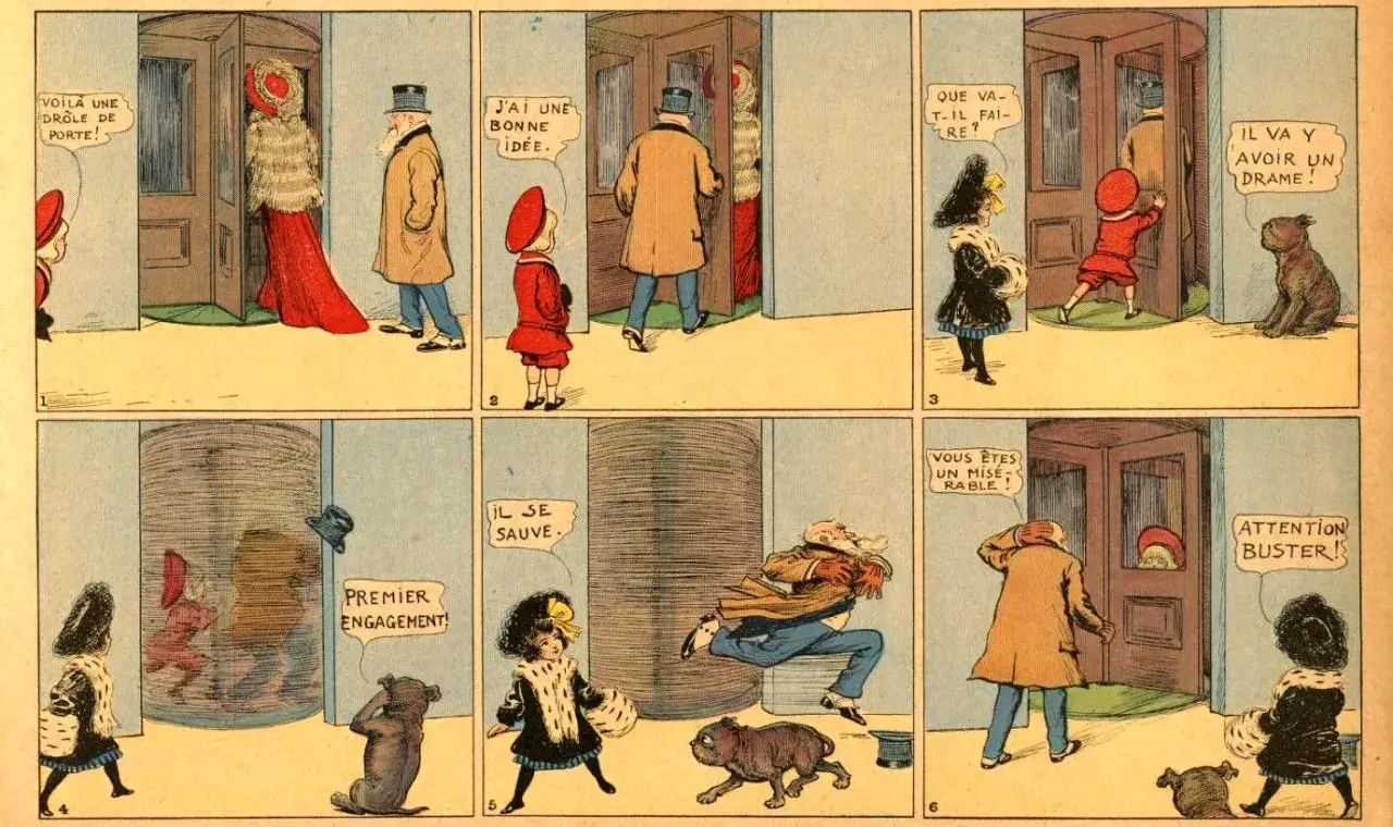 Un roman graphique vintage montrant des enfants et un chien dans une série de vignettes comiques impliquant une porte tournante et des situations amusantes.