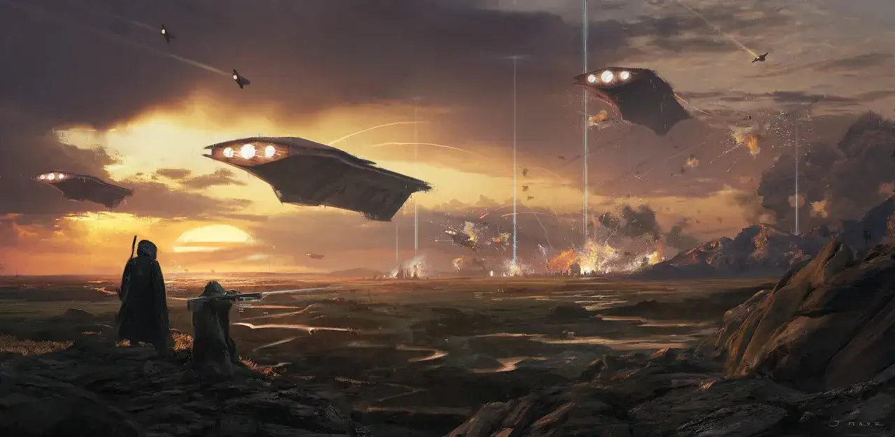 Des vaisseaux spatiaux attaquent une ville sous un ciel orang&eacute;. La diff&eacute;rence entre fantastique et science-fiction est ici claire : la technologie est reine.