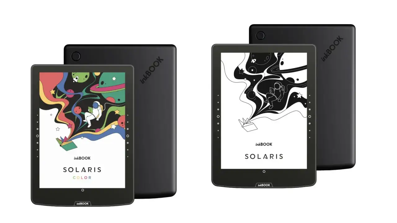 Deux liseuses inkBOOK Solaris, l'une en couleur avec un astronaute explorant l'espace, l'autre en noir et blanc. Nextory sur liseuse pour des aventures sans fin.